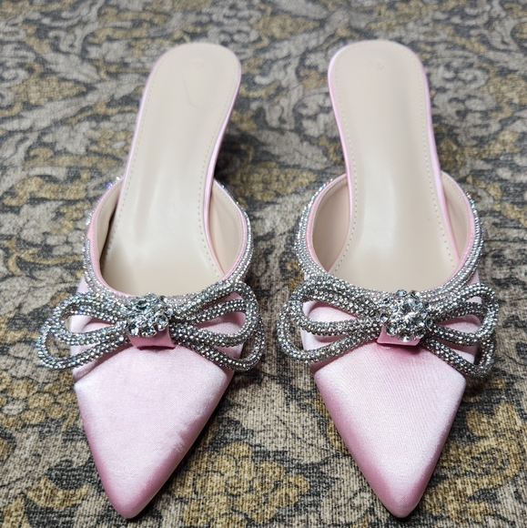 Pink Satin Mules with Silver Rhinestone Bow - 9.5 - Picture 1 of 11